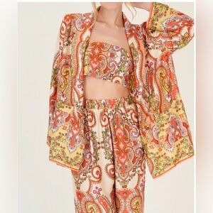Paisley Print Three-Piece Set in Cream and Orange